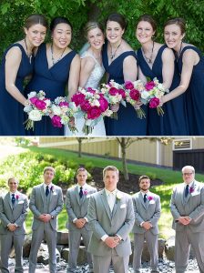 groomsmen with groom and bridesmaids with bride