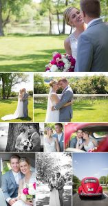 portraits of the couple next to a lake and their red VW bug