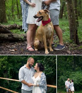 couple with dog on path in woods