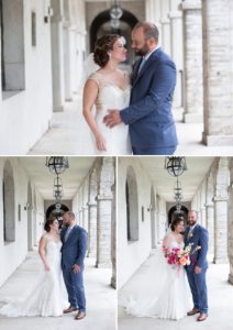 bride and groom under arch